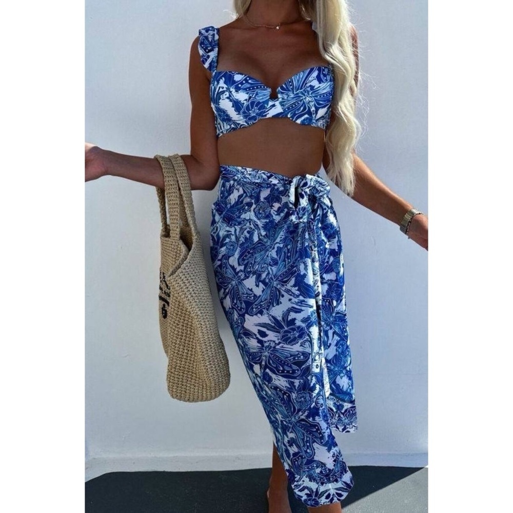 Navy and White Floral 3 Piece Bikini Set